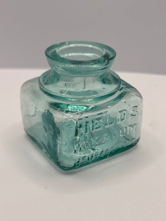 Old aqua glass ink bottle, inkwell. fields ink & gum