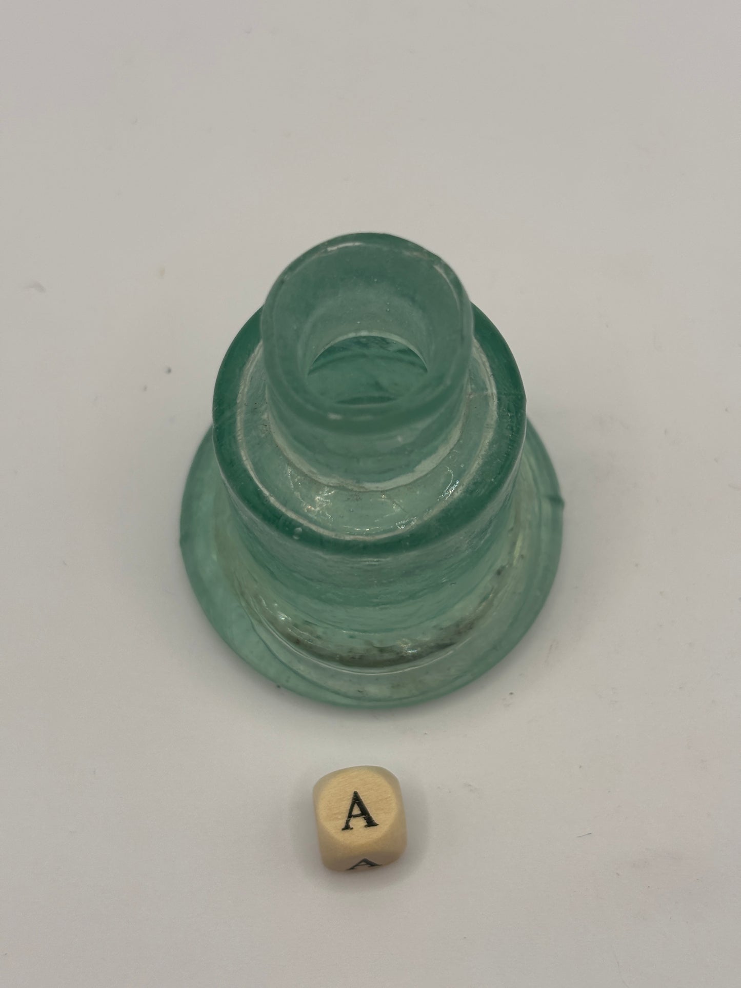 Old aqua glass advertising inkwell, bell ink. Stephen’s ink (a)