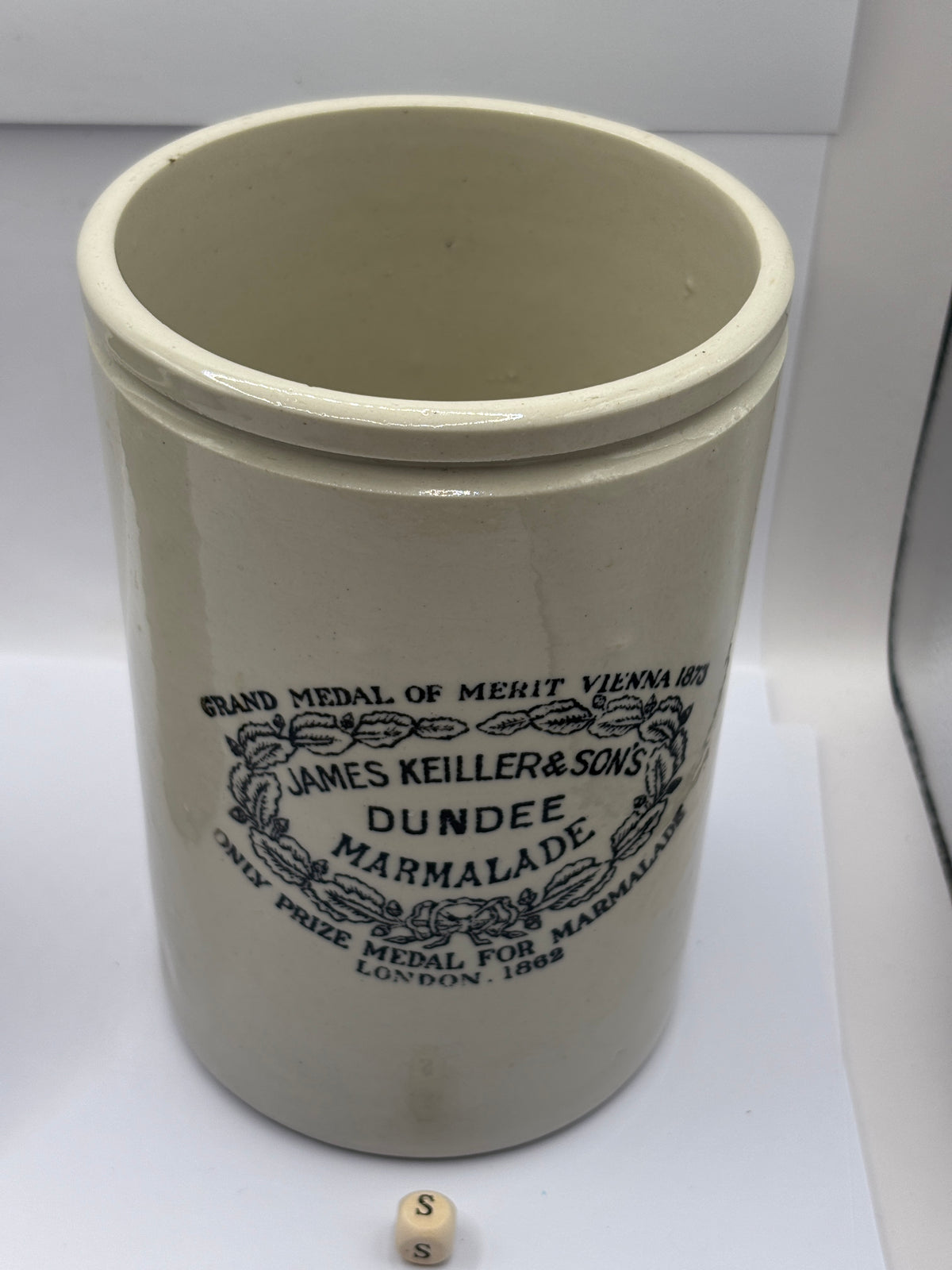 Old rare Tall 3lb stoneware marmalade pot, James Keiller Dundee marmalade (s)