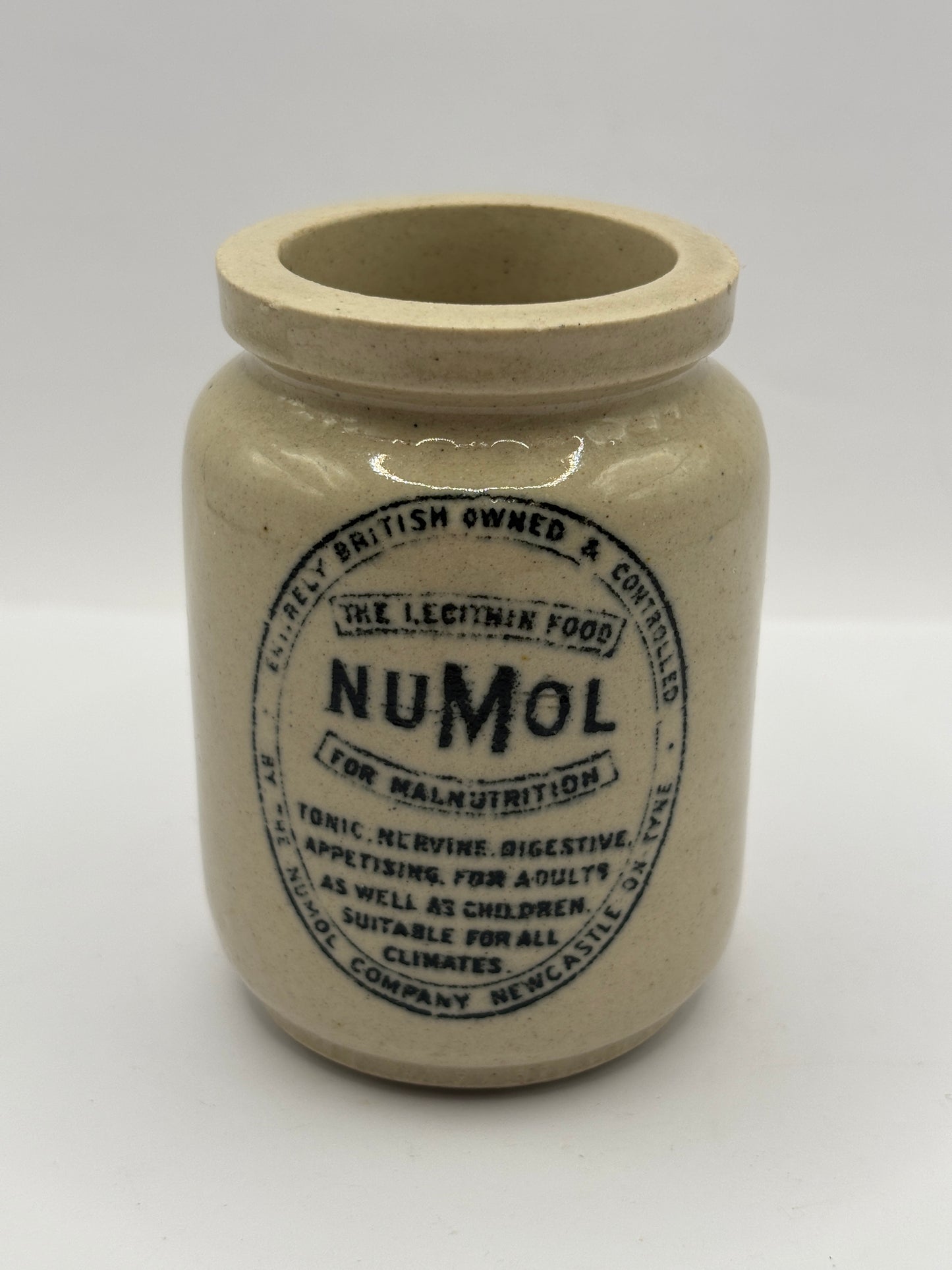 Old mini stoneware advertising Numol jar. The lecithin food for malnutrition 8cms