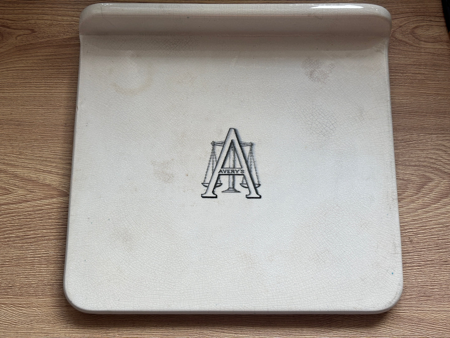 Old ironstone advertising scale plate. Avery. Stained & crazed (B)