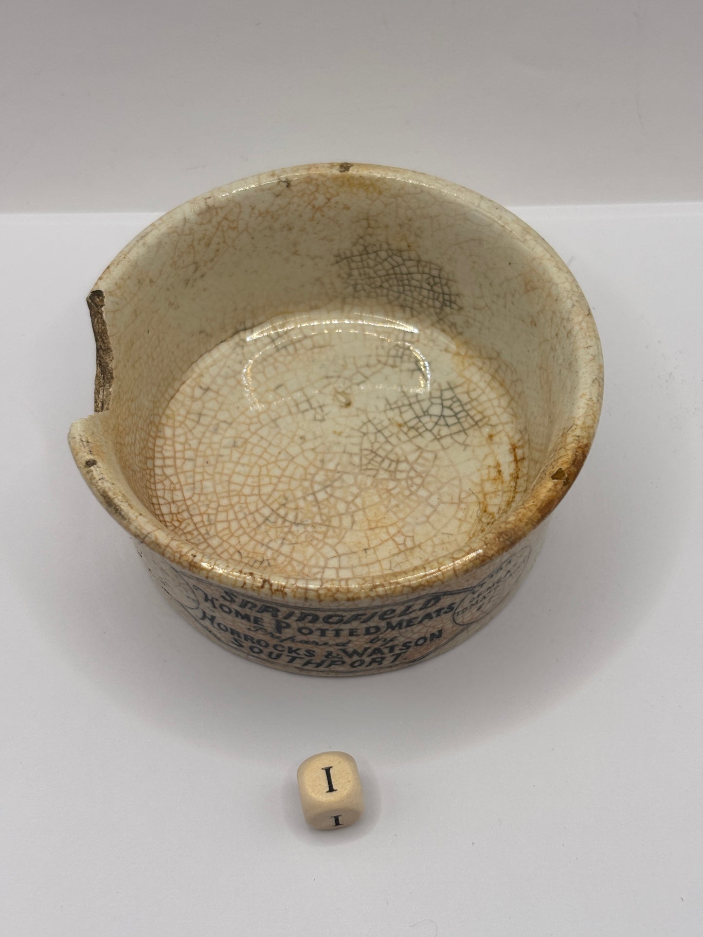 Old advertising meat paste pot, Springfield (i) damaged