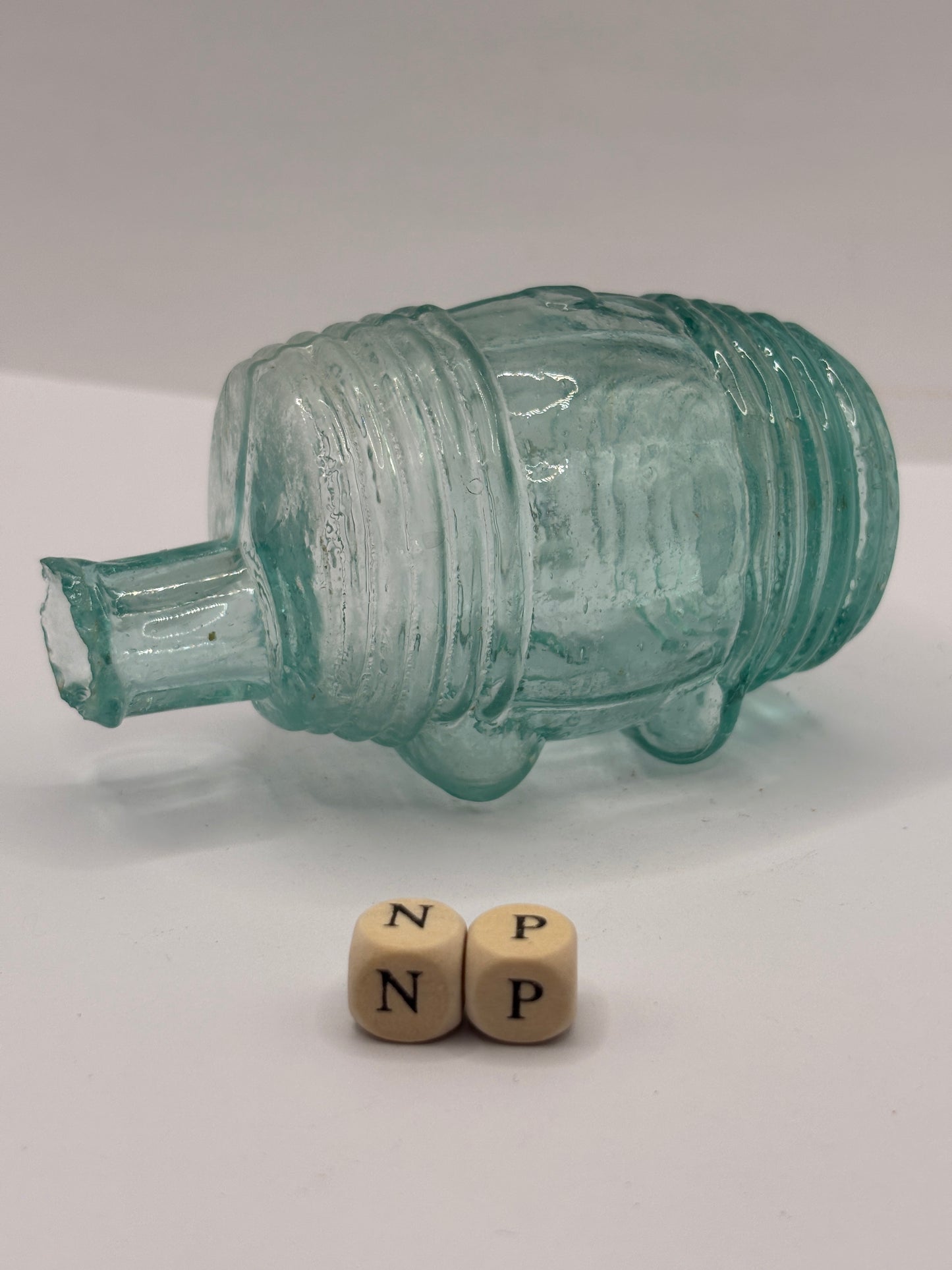 Old aqua glass barrel ink, ink bottle. Inkwell (NP)