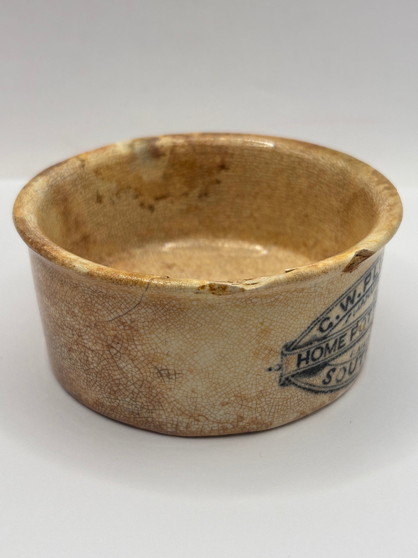 Old Plumtree advertising meat paste pot. Damaged