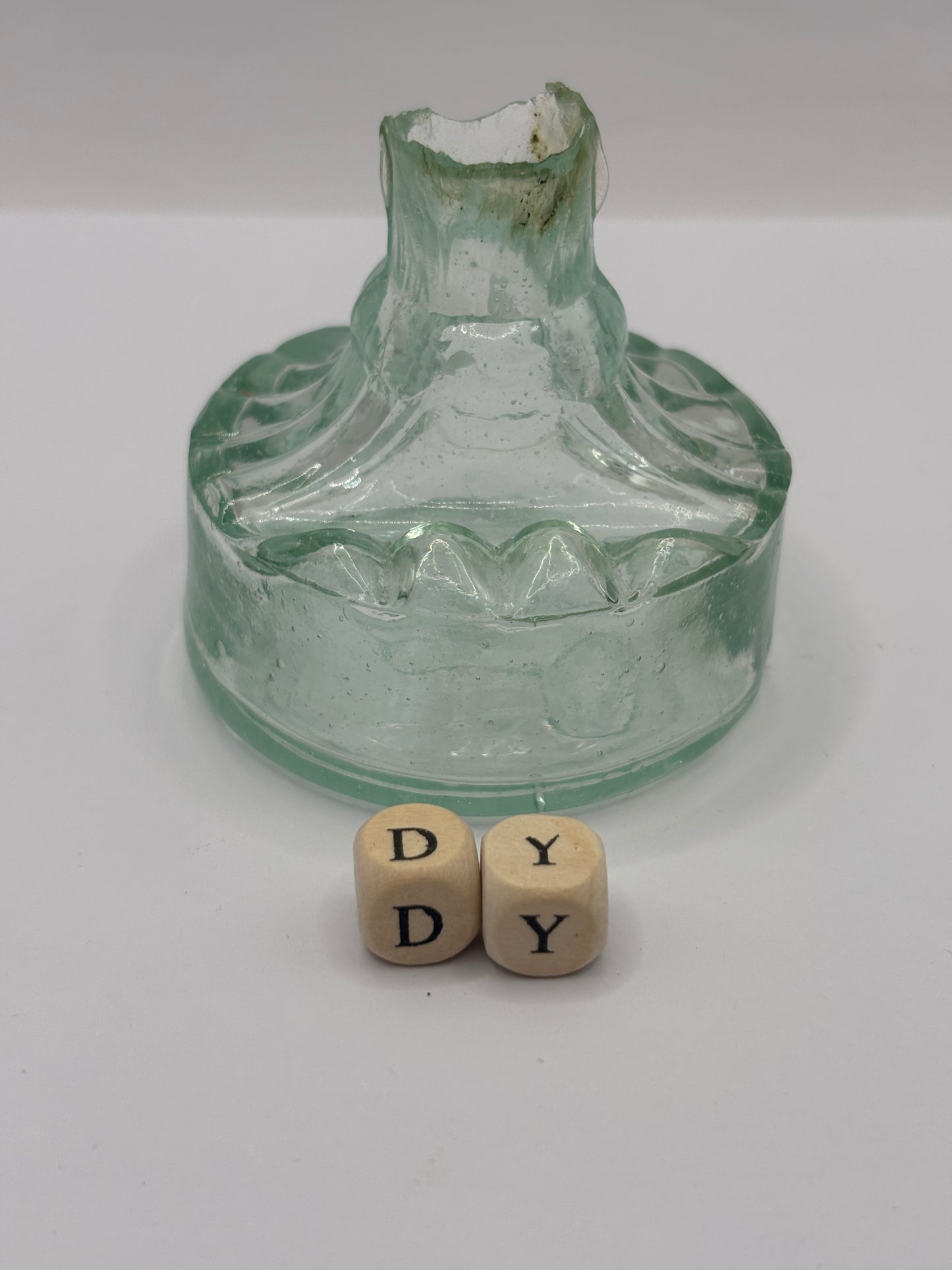 Old aqua glass tent ink, ink bottle. Inkwell (DY) diamond registration to base. Circus tent ink