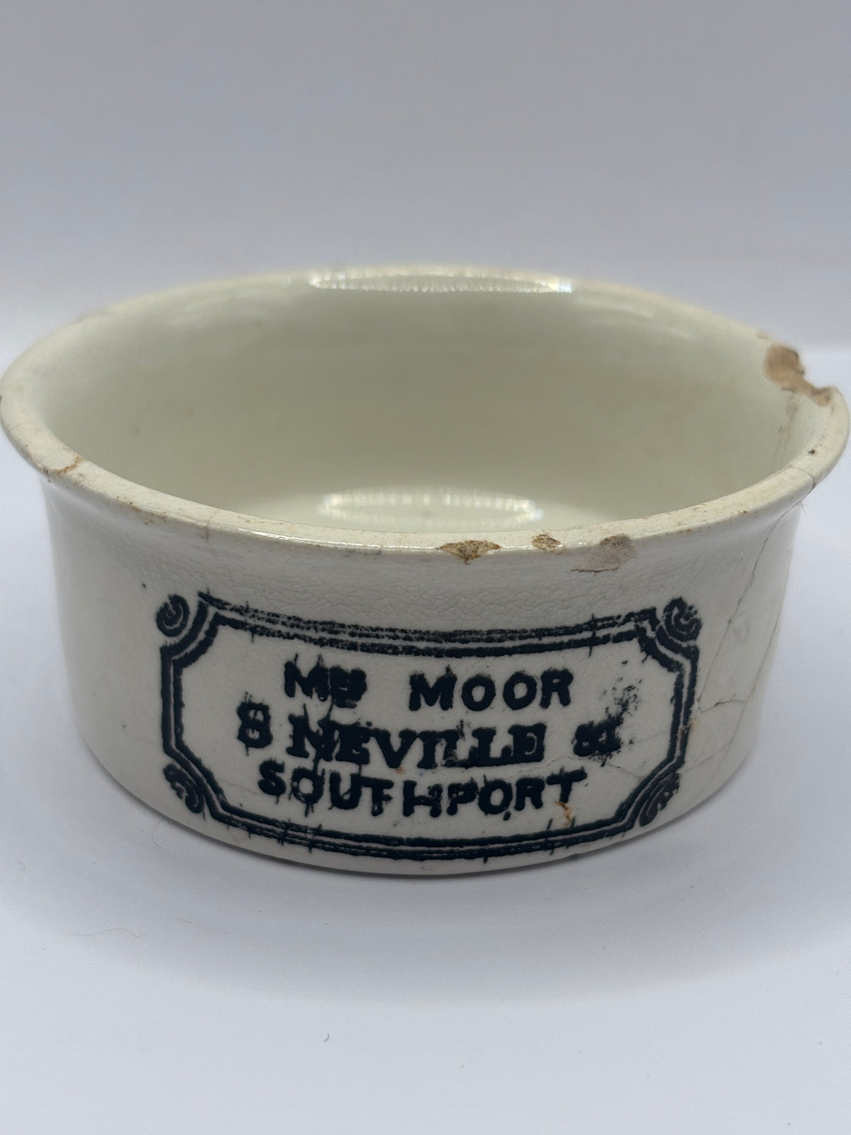 Old advertising meat paste pot, mrs moors. Damaged