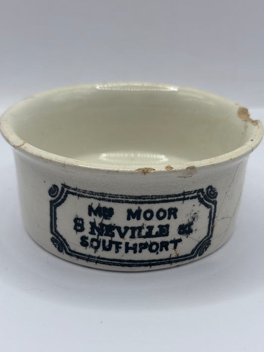 Old advertising meat paste pot, mrs moors. Damaged