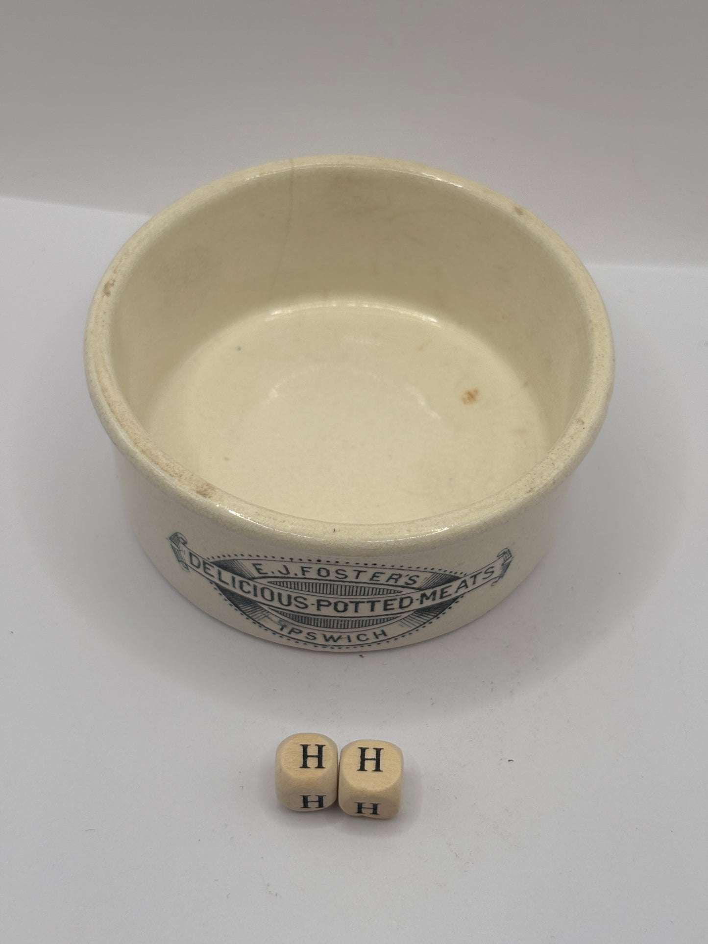 Old advertising meat paste pot, EJ Fosters delicious potted meats Ipswich