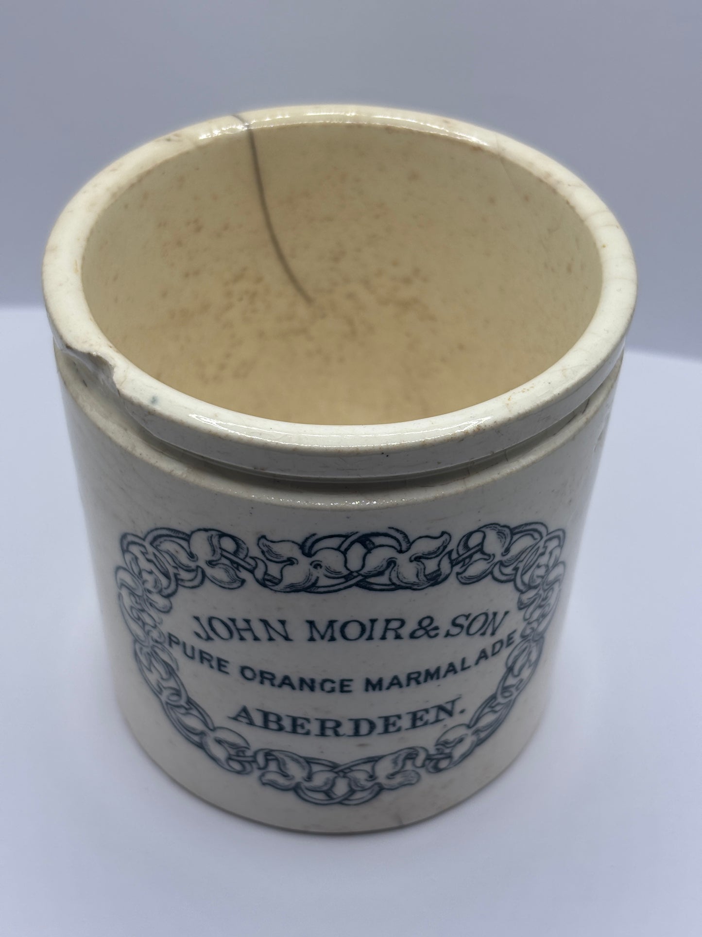 Rare John moir advertising marmalade jar, Pure orange marmalade. Damaged/ repaired