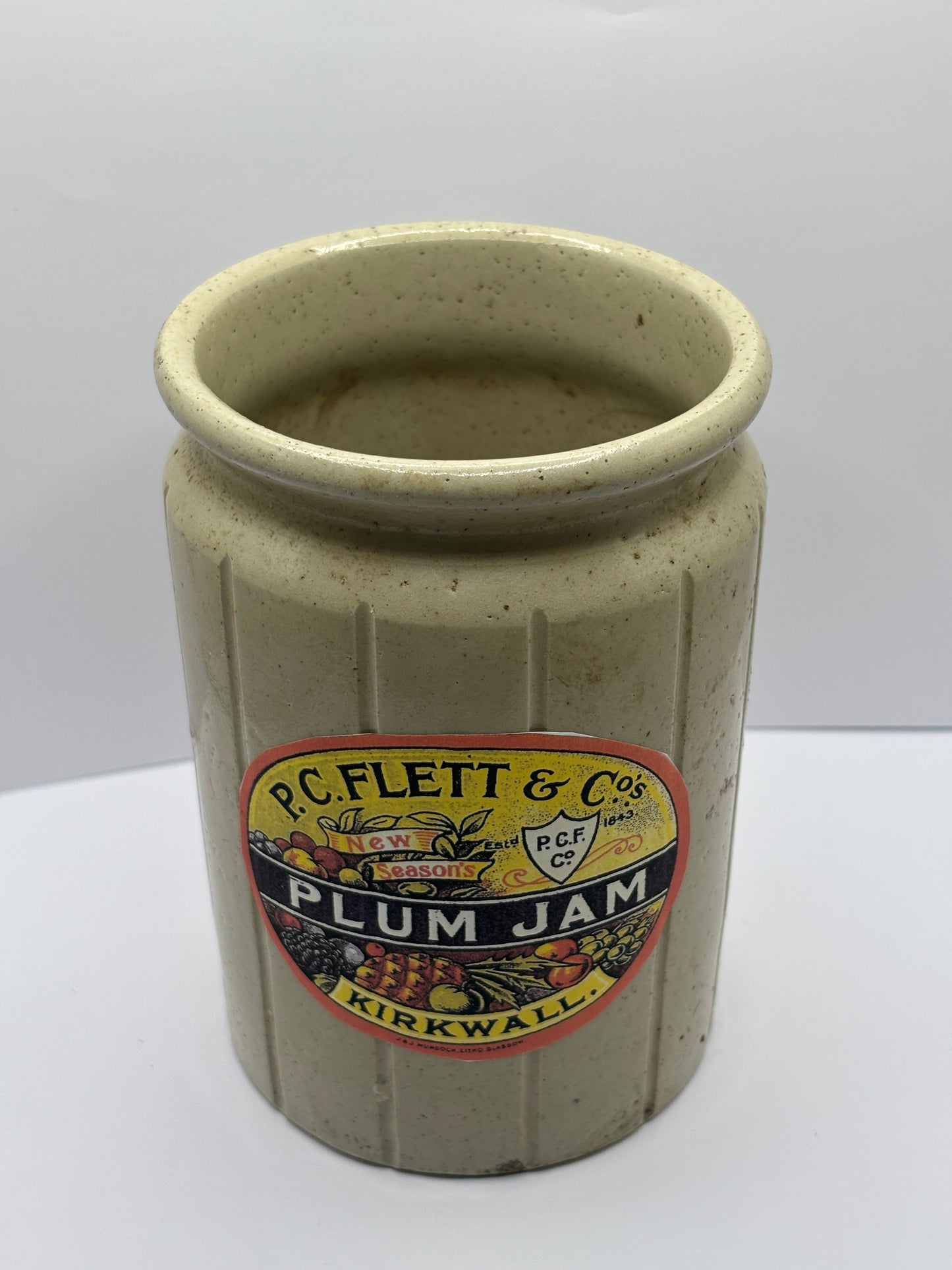 Old 2lb ribbed rolled top jam & marmalade jar, with added label