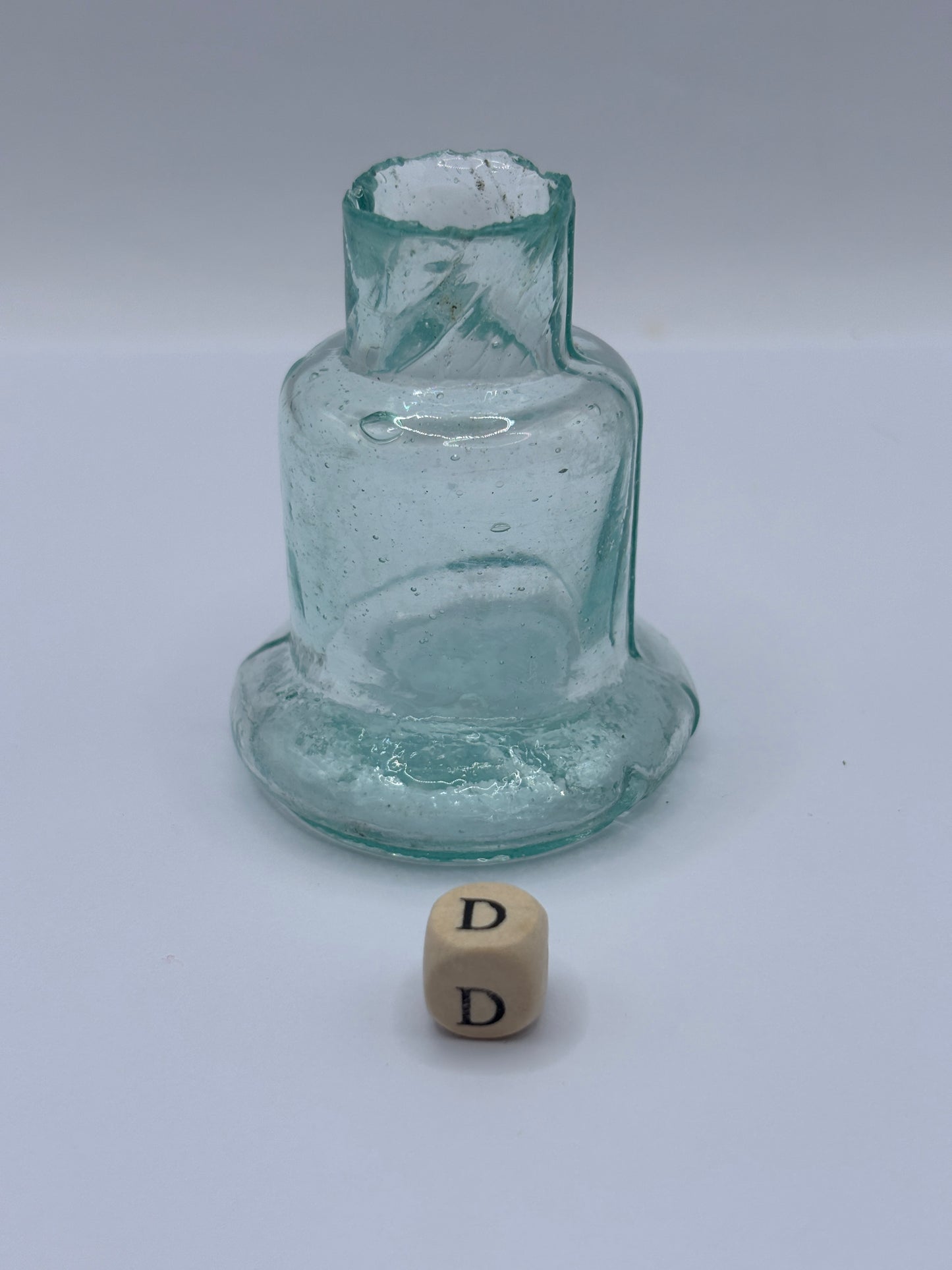Old aqua glass inkwell, Bell ink (D)