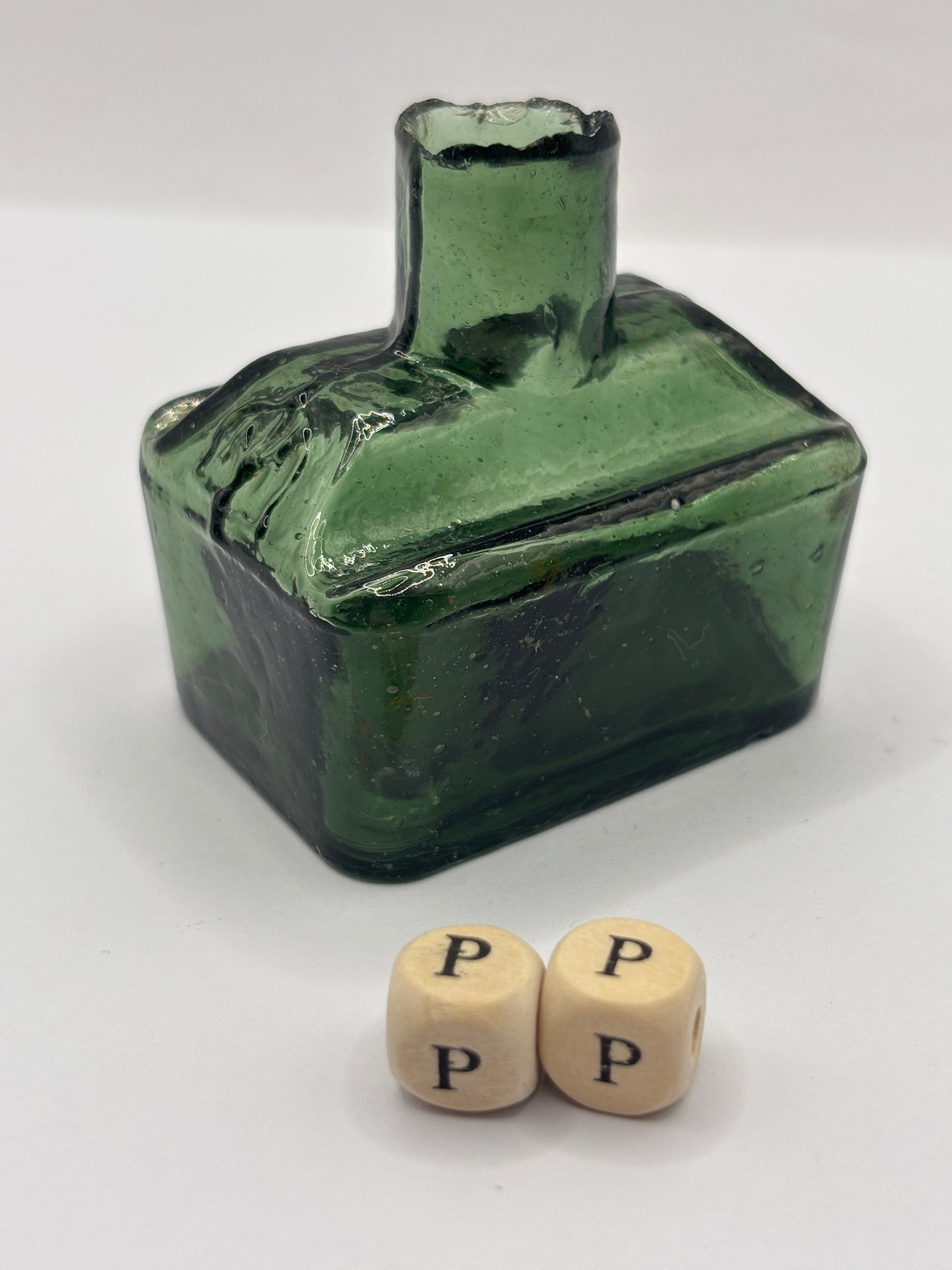 Old green glass boat ink, inkwell. Morrells (PP)