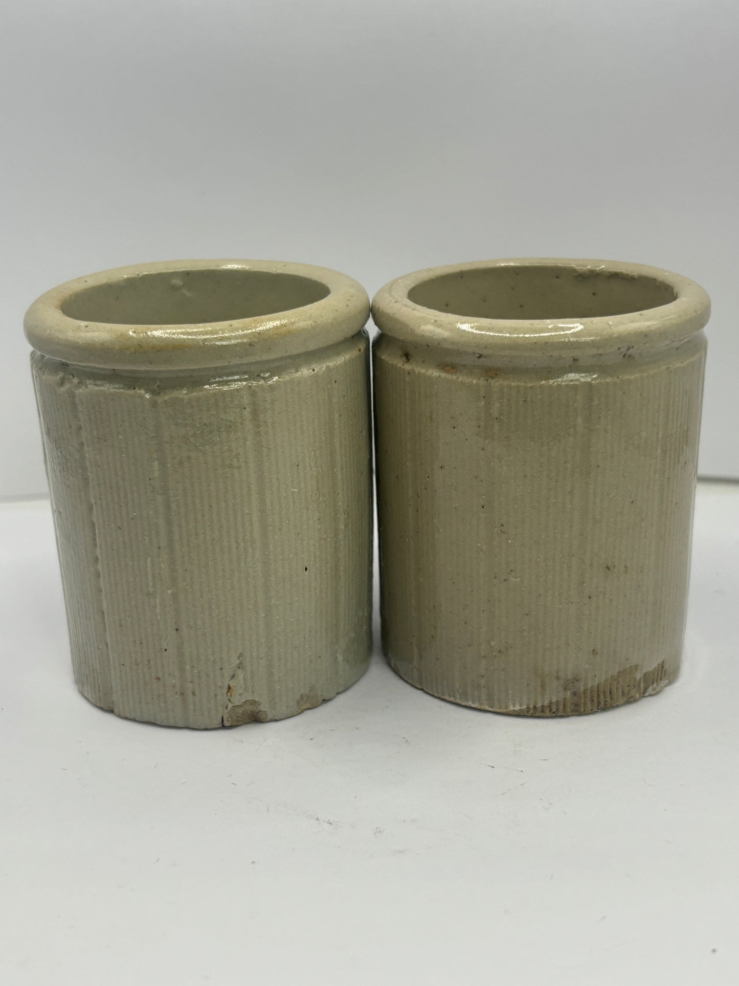 2 small old ribbed stoneware jam pots