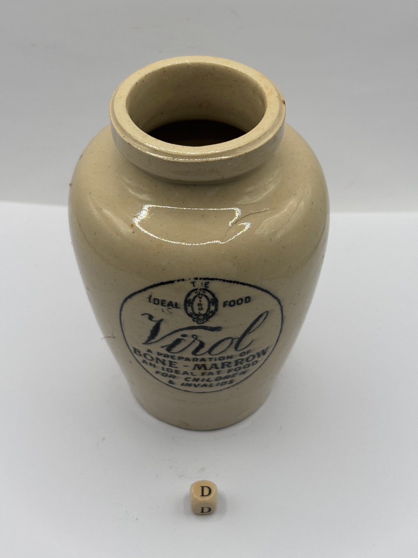 Old stoneware advertising Virol jar 13.5cms (D)