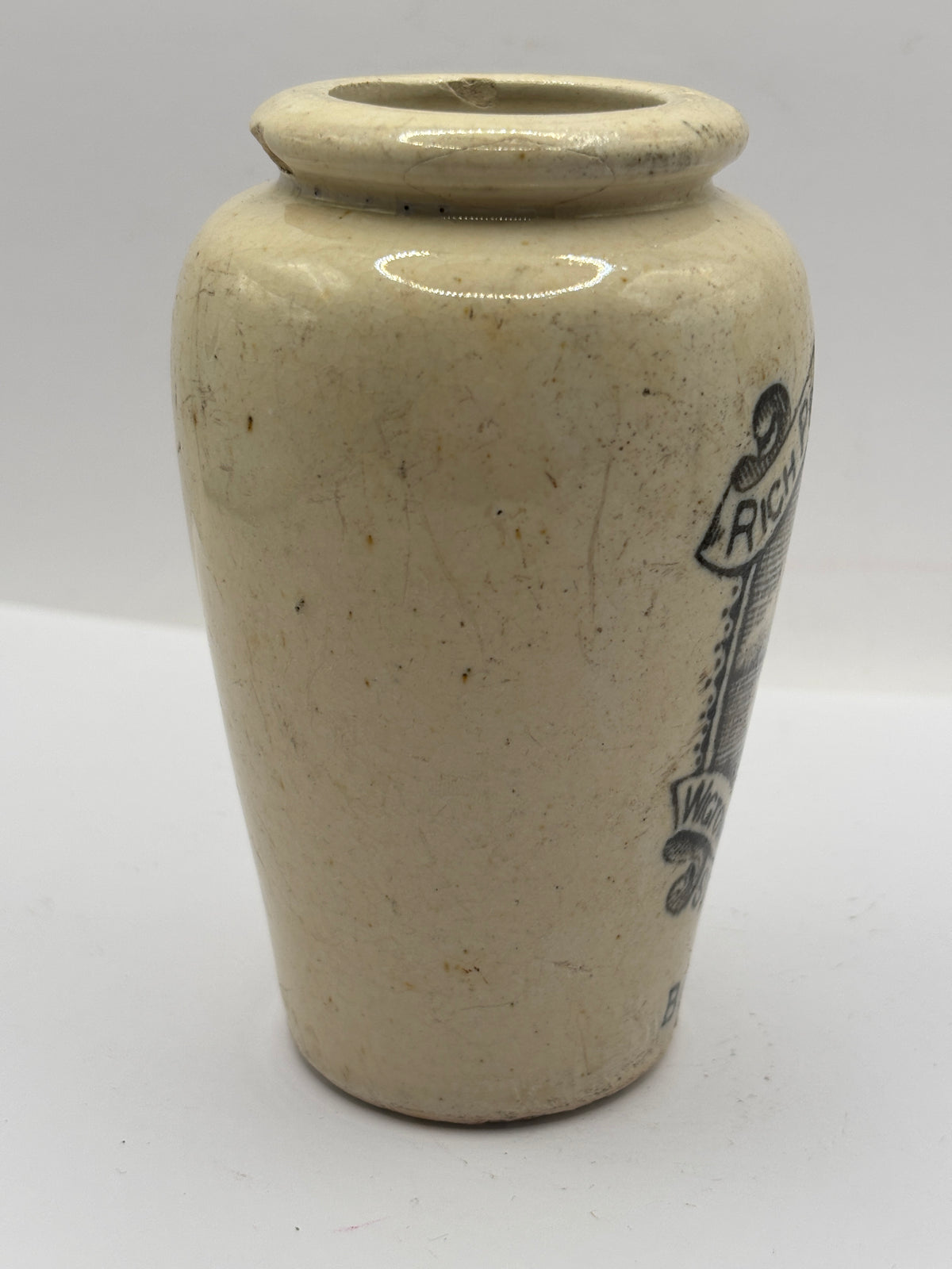 Old advertising cream pot, rich preserved cream stranraer, milkmaid. Damaged