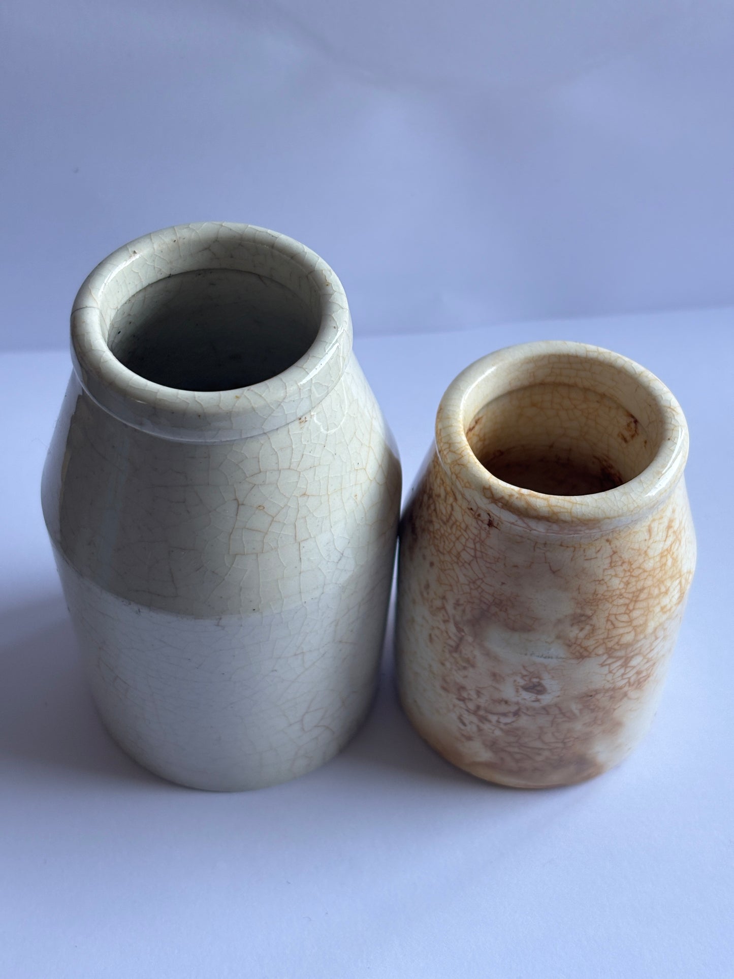 2 Old white stoneware jars, creamers, churns, stained & crazed