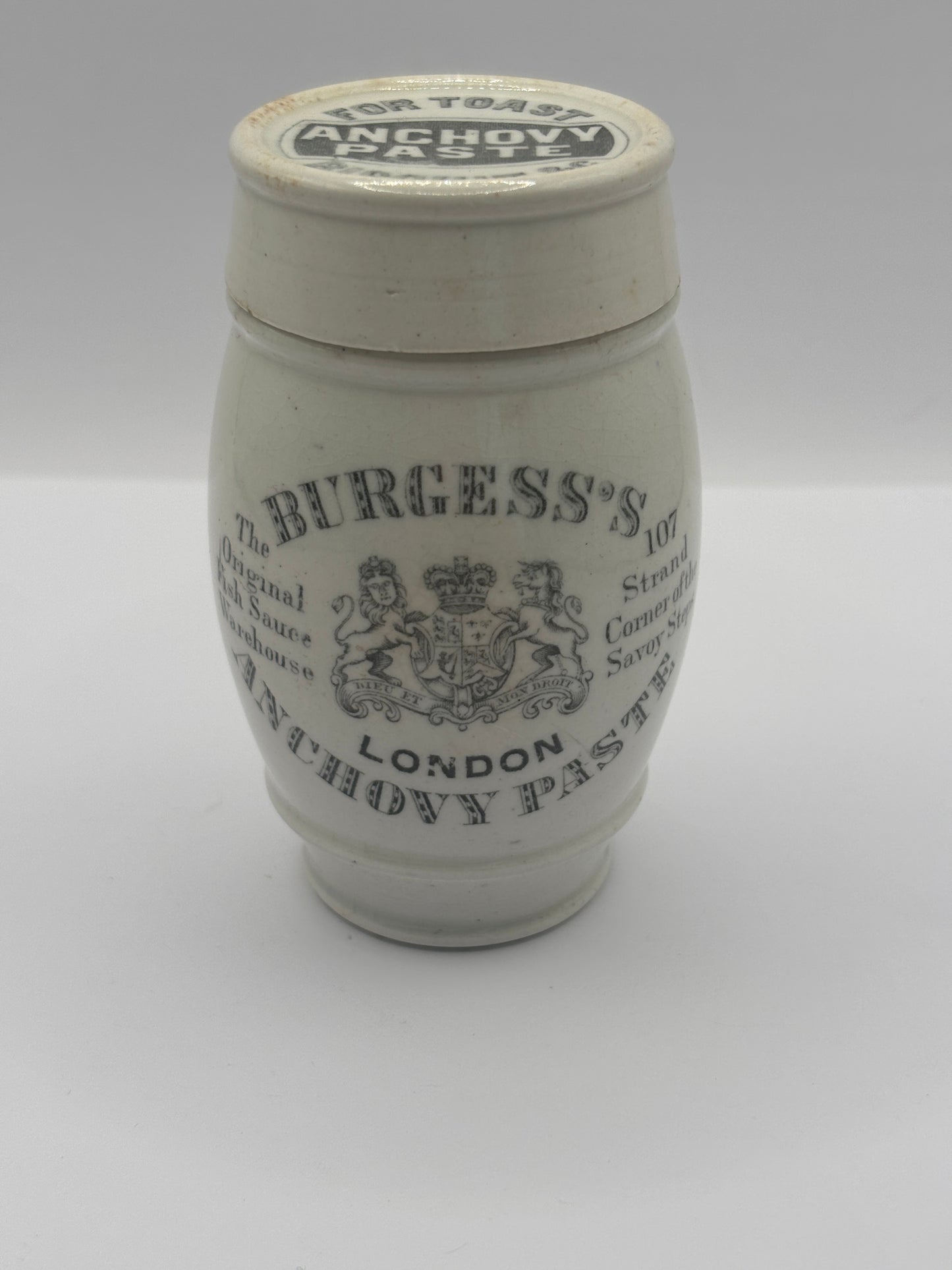 Old advertising jar and lid. Burgess anchovy paste for toast and biscuits