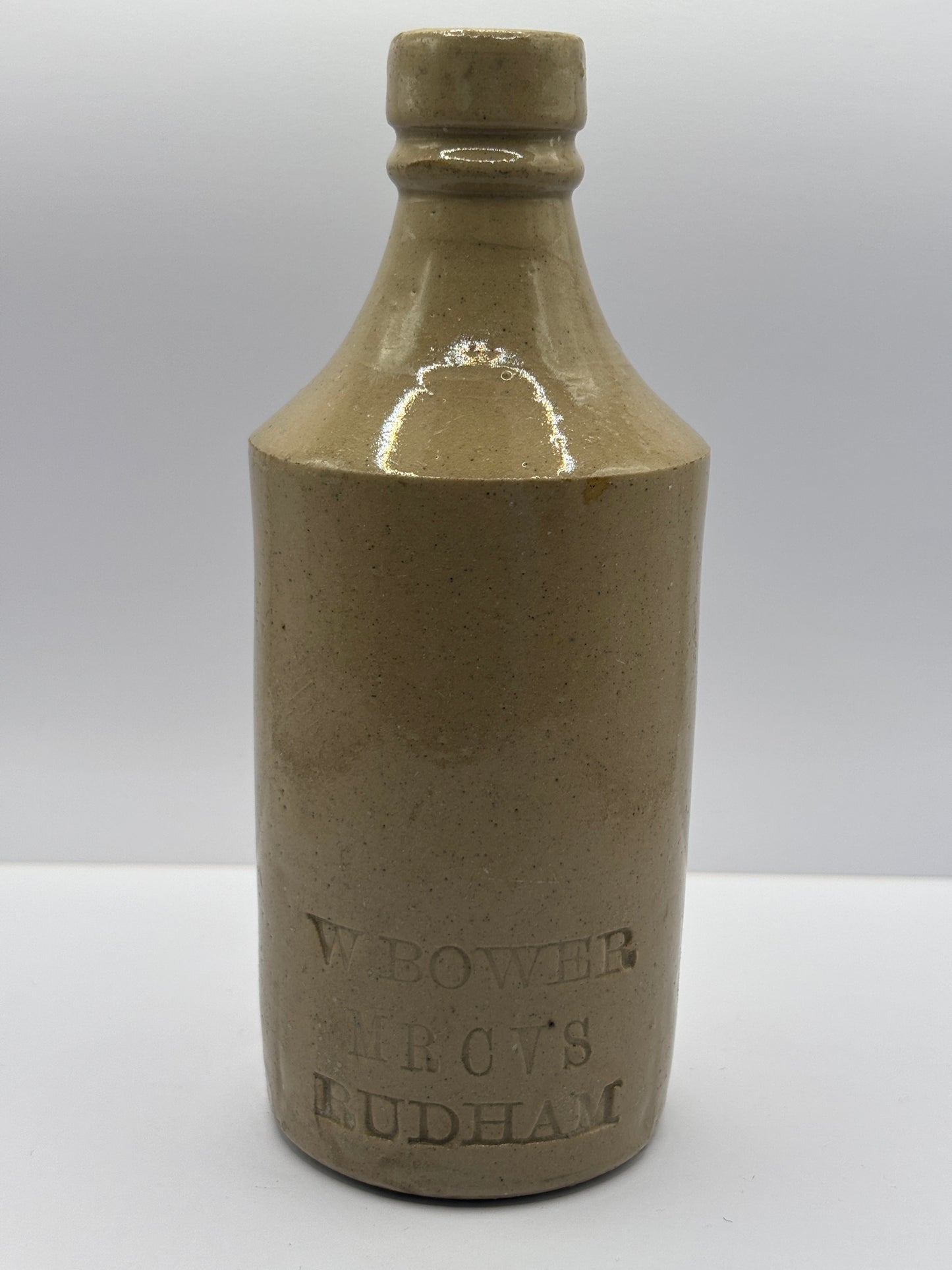 Old White Stoneware Vets Bottle, W.Bower, M.B CVS RUDHAM 17cms