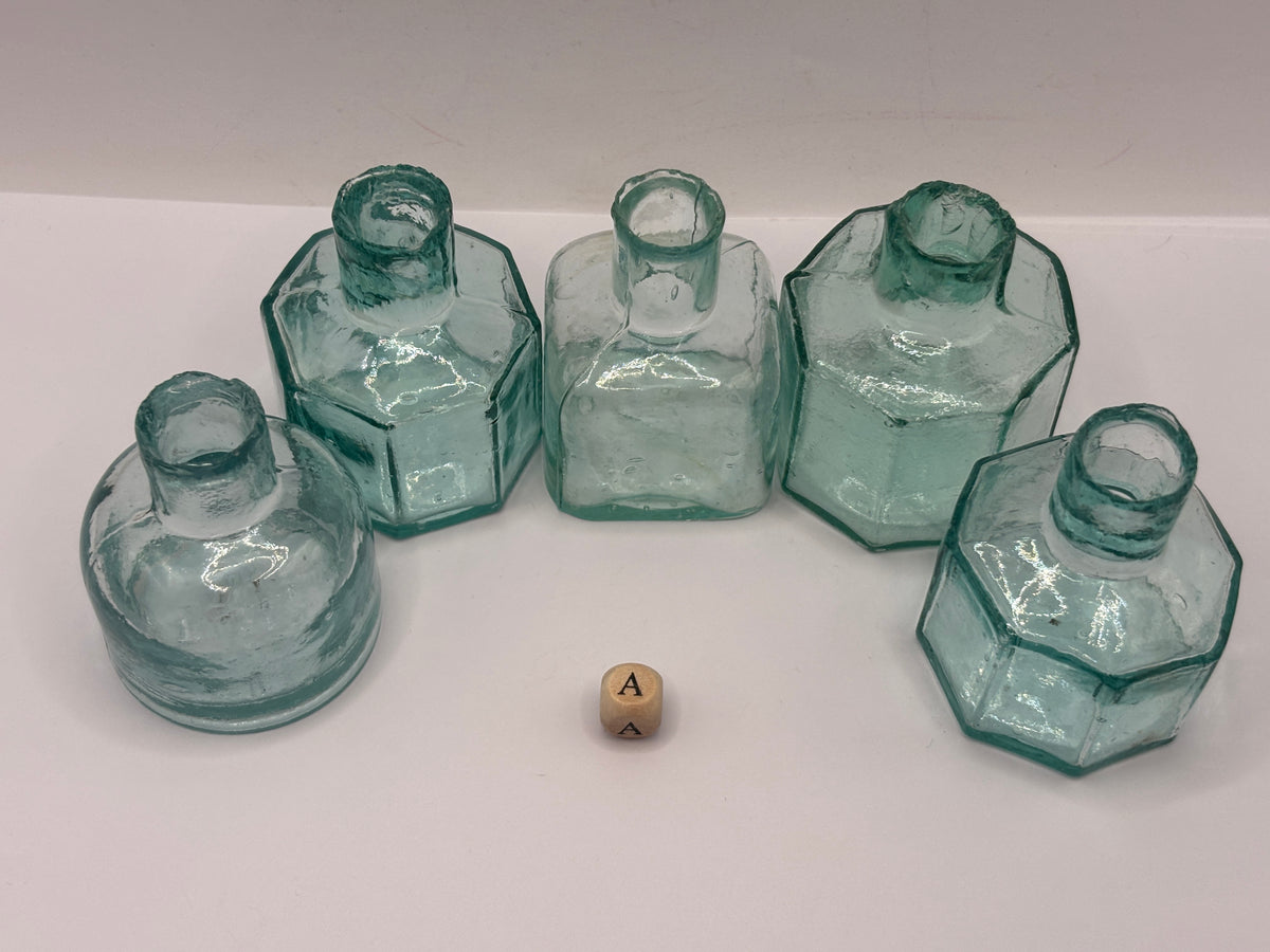 5 old aqua glass inks, inkwells, ink bottles, penny ink (a)