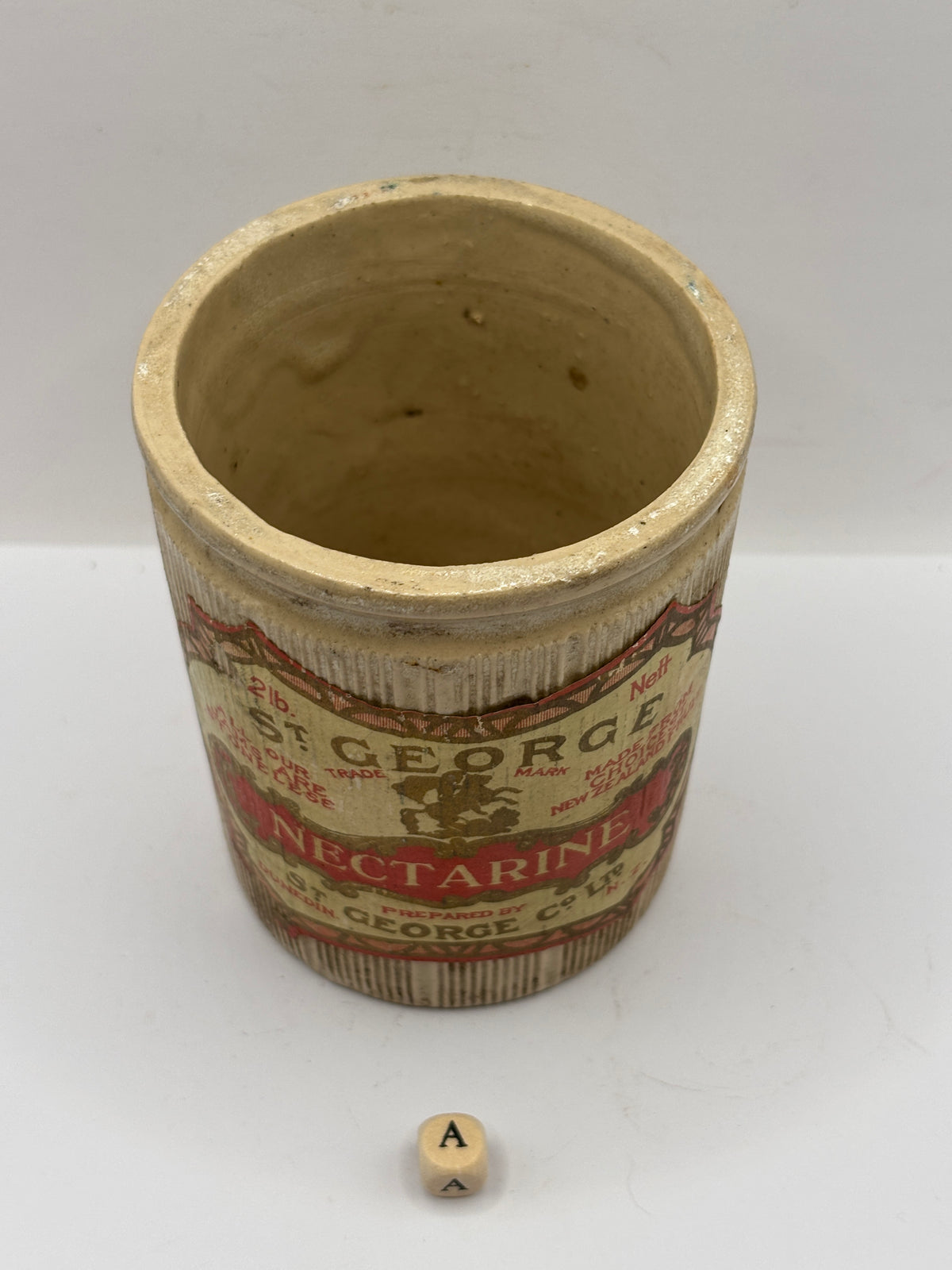Old 1lb ribbed stoneware jam pot with added label (a)