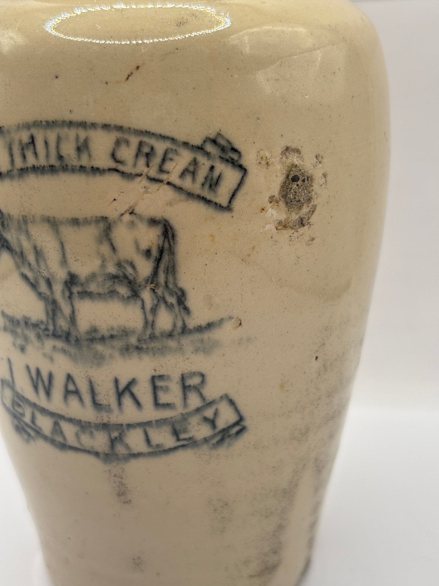 Old XL advertising cream pot, Pure thick cream. I.walker Blackley 15cms