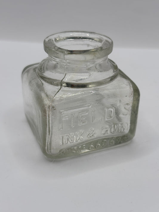 Old clear glass advertising inkwell, ink bottle. Fields ink