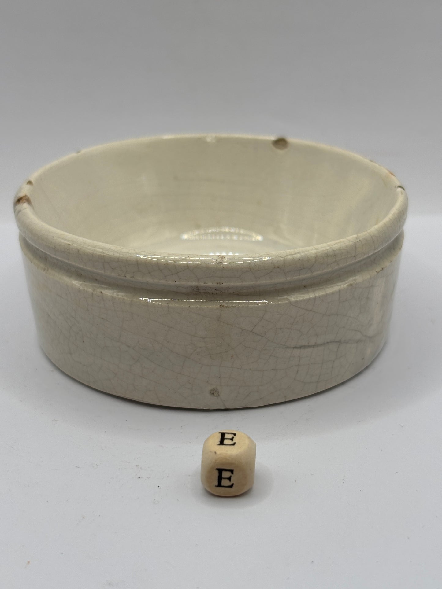 Old plain stoneware meat paste pot (e) stained & crazed, chipped