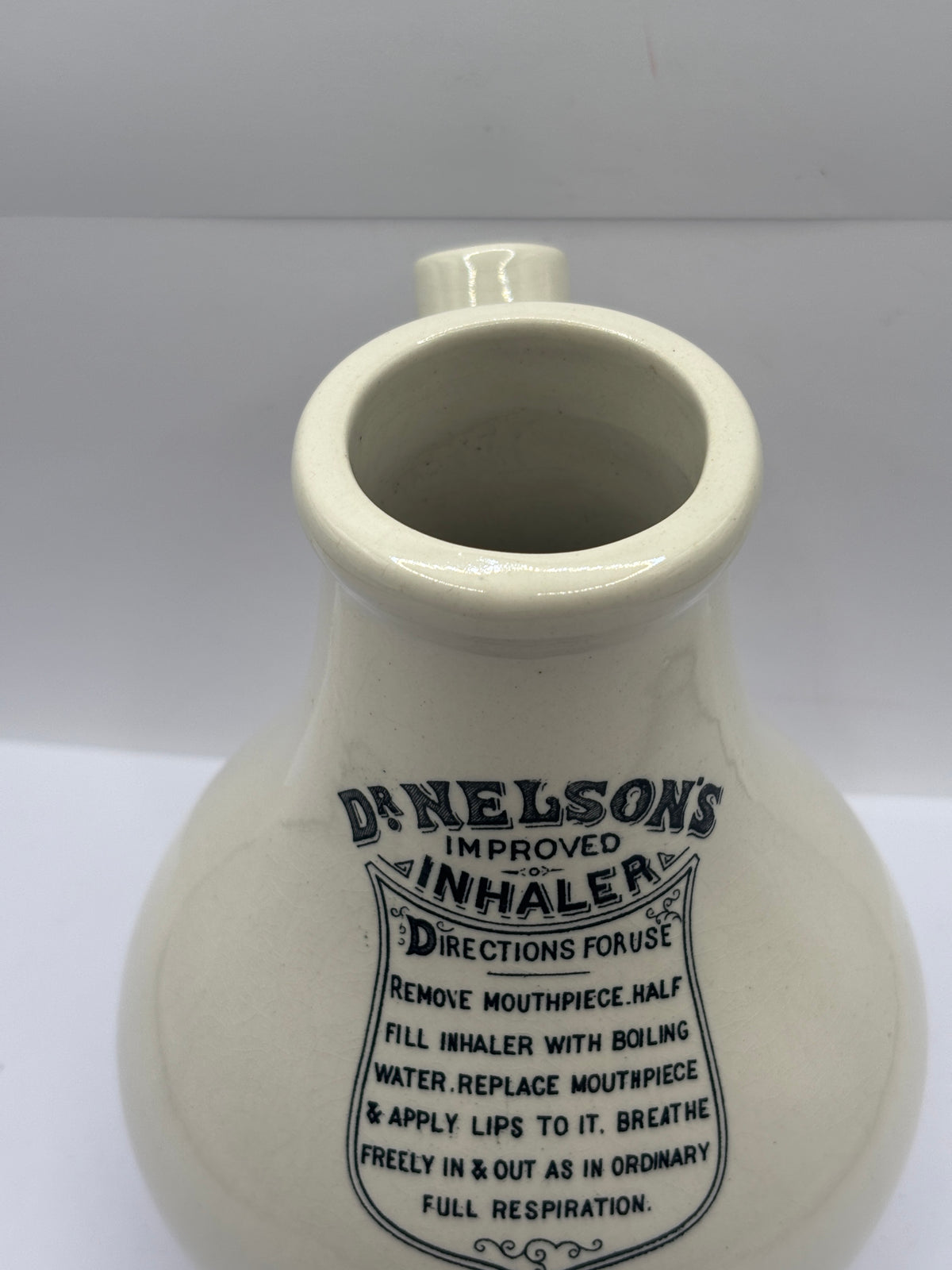 Old advertising stoneware inhaler, Dr Nelsons improved inhale, Boots the chemists