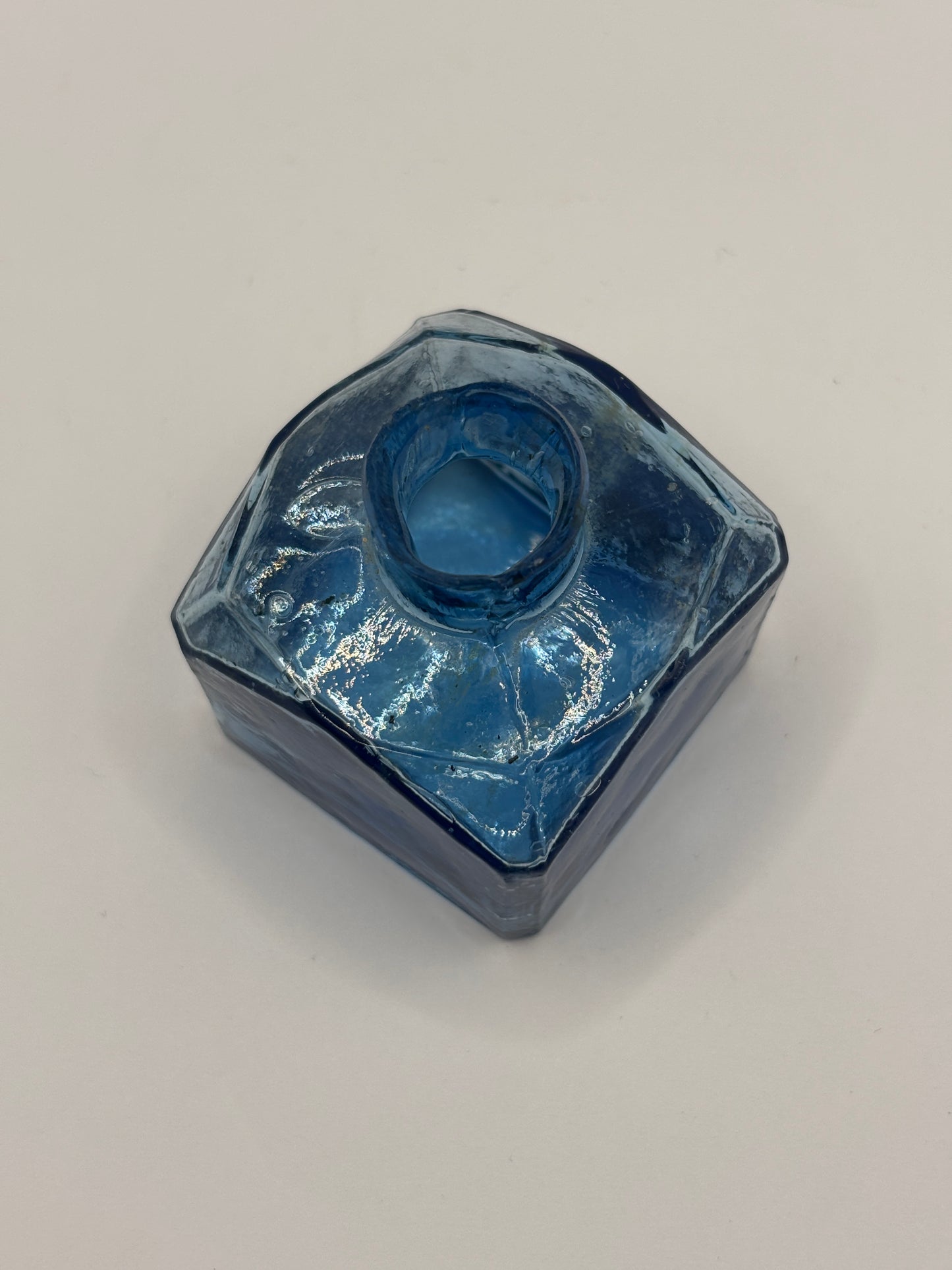 Old blue glass inkwell, ink bottle, penny ink