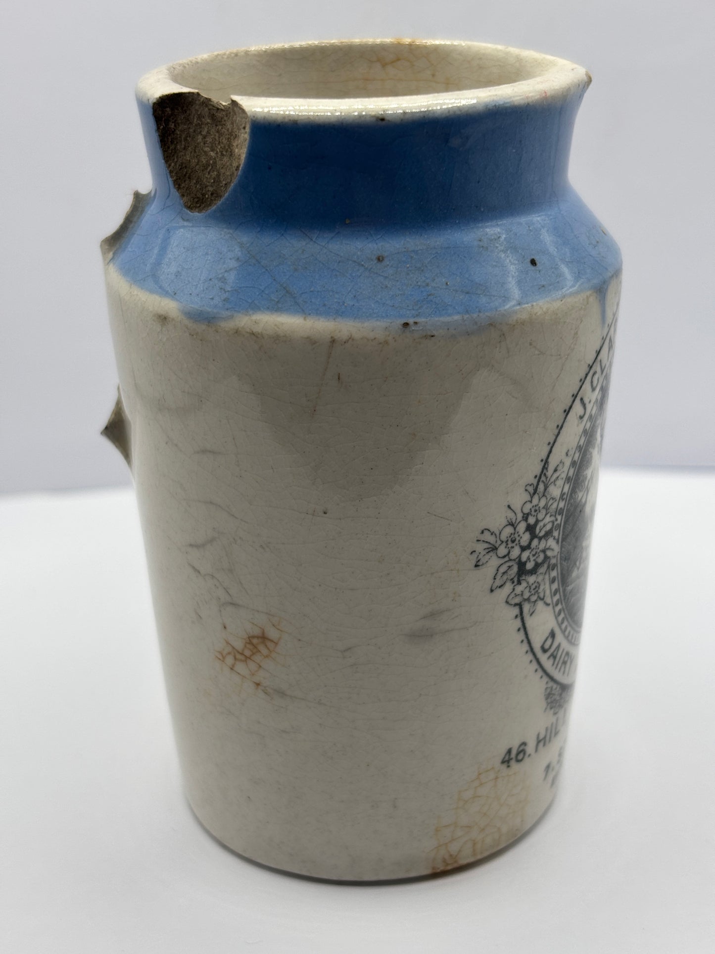 Old stoneware advertising cream pot, J.Clarke & Sons Dairy & Creamery. Restoration project?