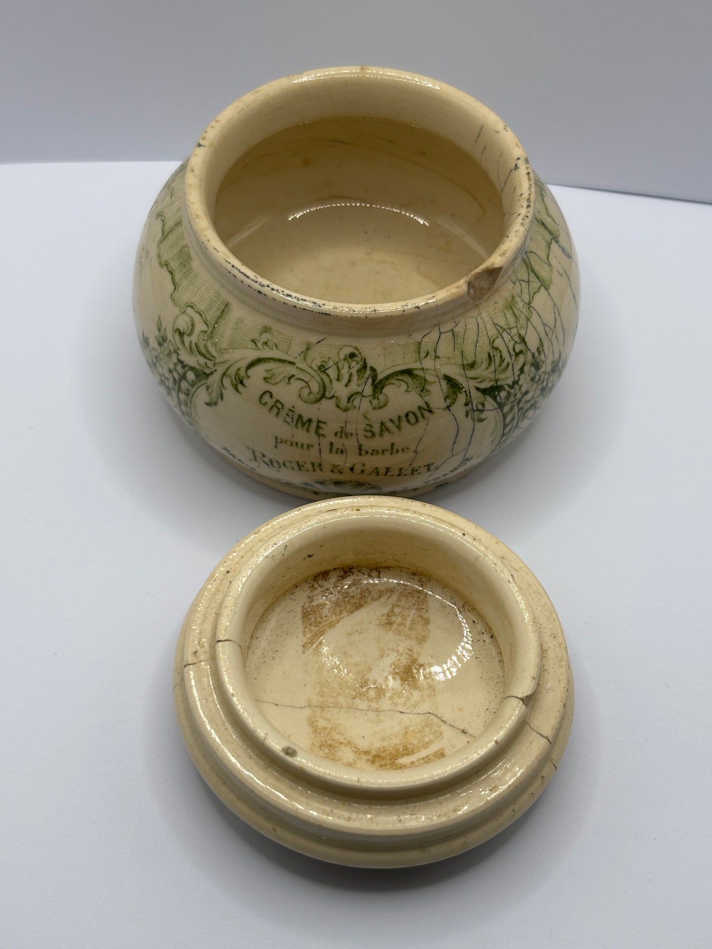 Old creme de savon advertising jar, Paris France. damages