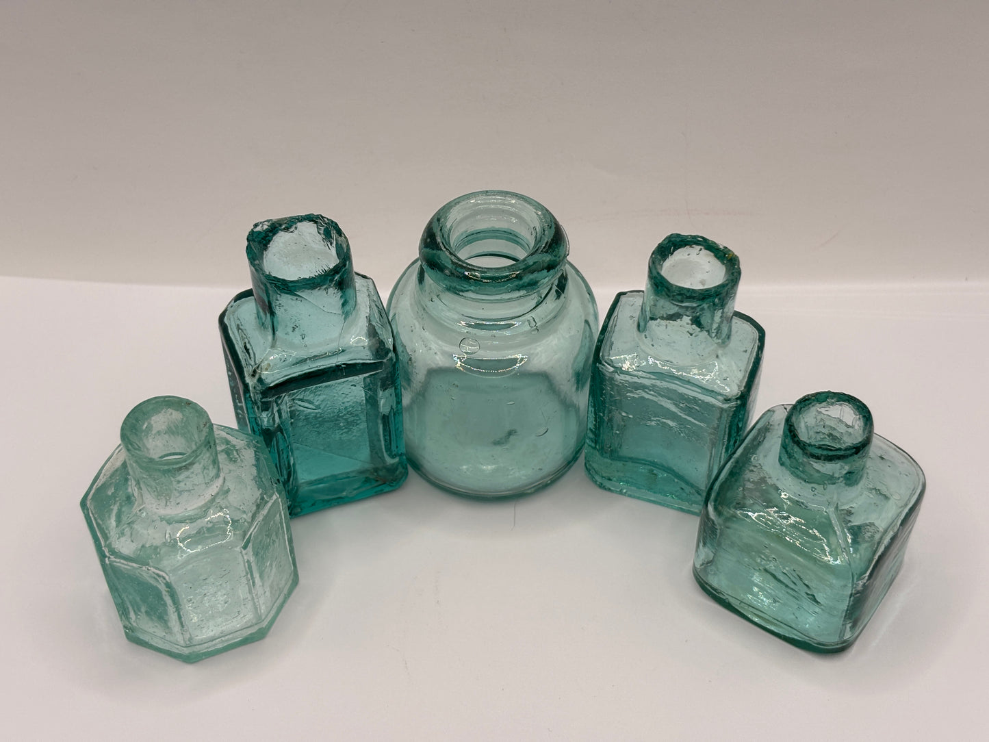 5 old glass inks, inkwells, ink bottles