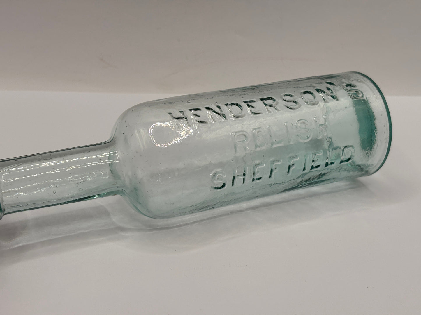 old aqua glass Henderson’s relish bottle