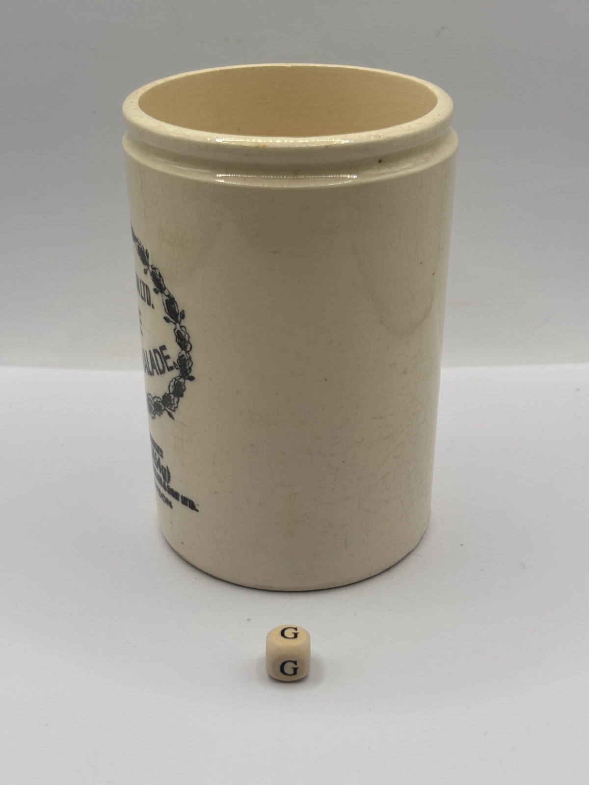 Old 1lb stoneware marmalade pot, James Keiller Dundee marmalade (G)