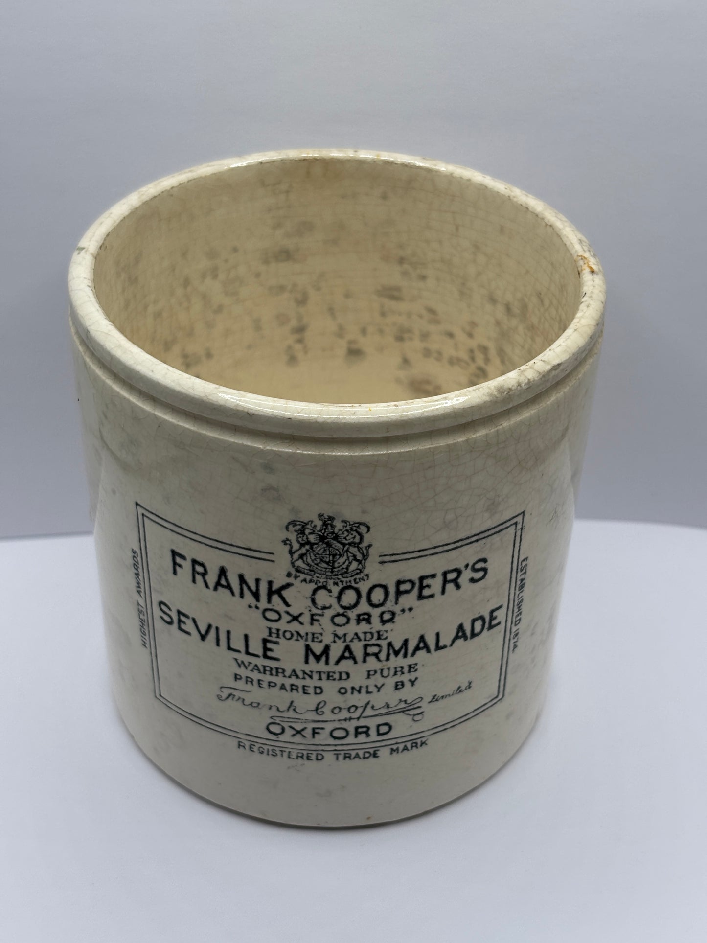 Old 2lb frank cooper marmalade jar, stained & crazed