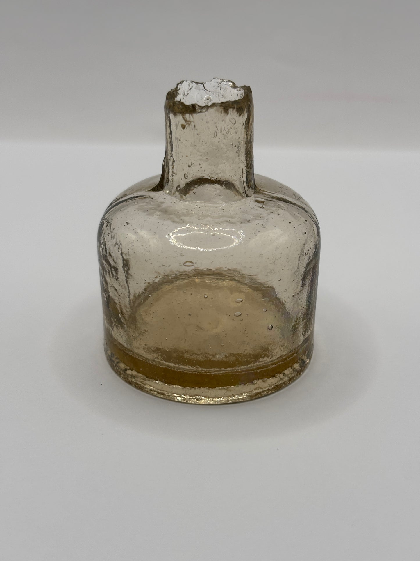 Old unusual coloured peachy/light amber glass ink, inkwell, penny ink