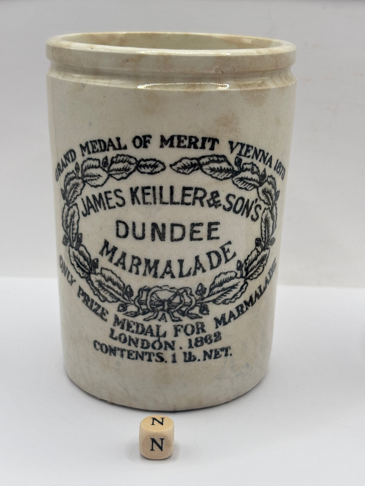Old 1lb stoneware marmalade pot, James Keiller Dundee marmalade (N)