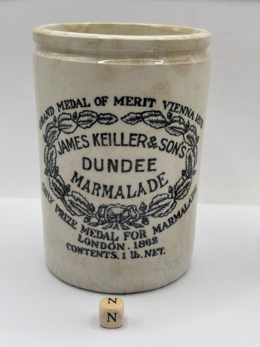 Old 1lb stoneware marmalade pot, James Keiller Dundee marmalade (N)