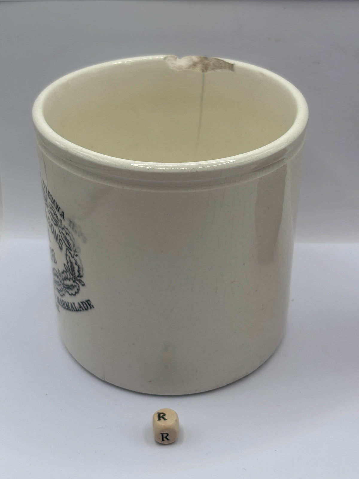 Old 2lb stoneware marmalade pot, James Keiller Dundee marmalade (R) damaged