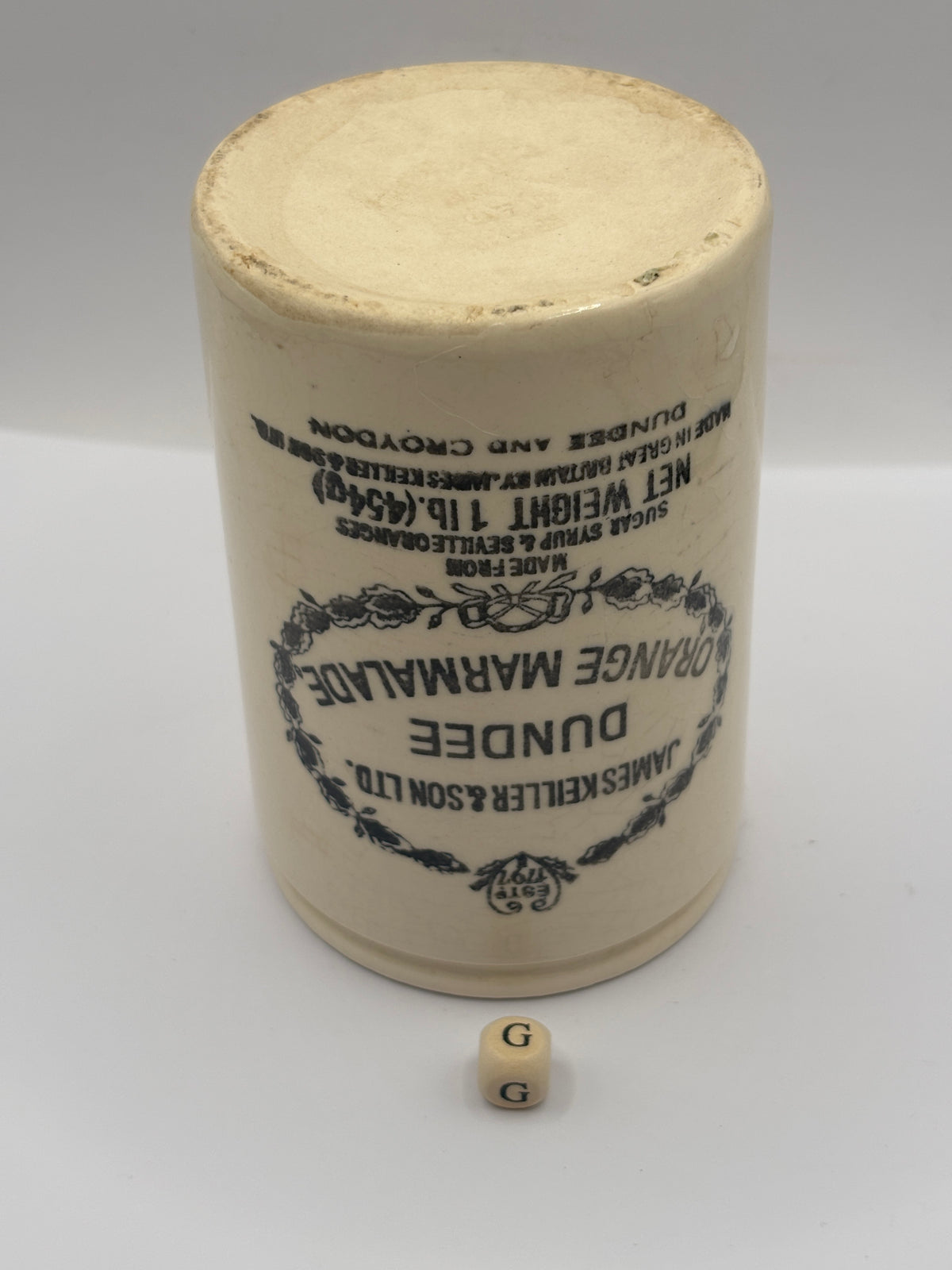 Old 1lb stoneware marmalade pot, James Keiller Dundee marmalade (G)