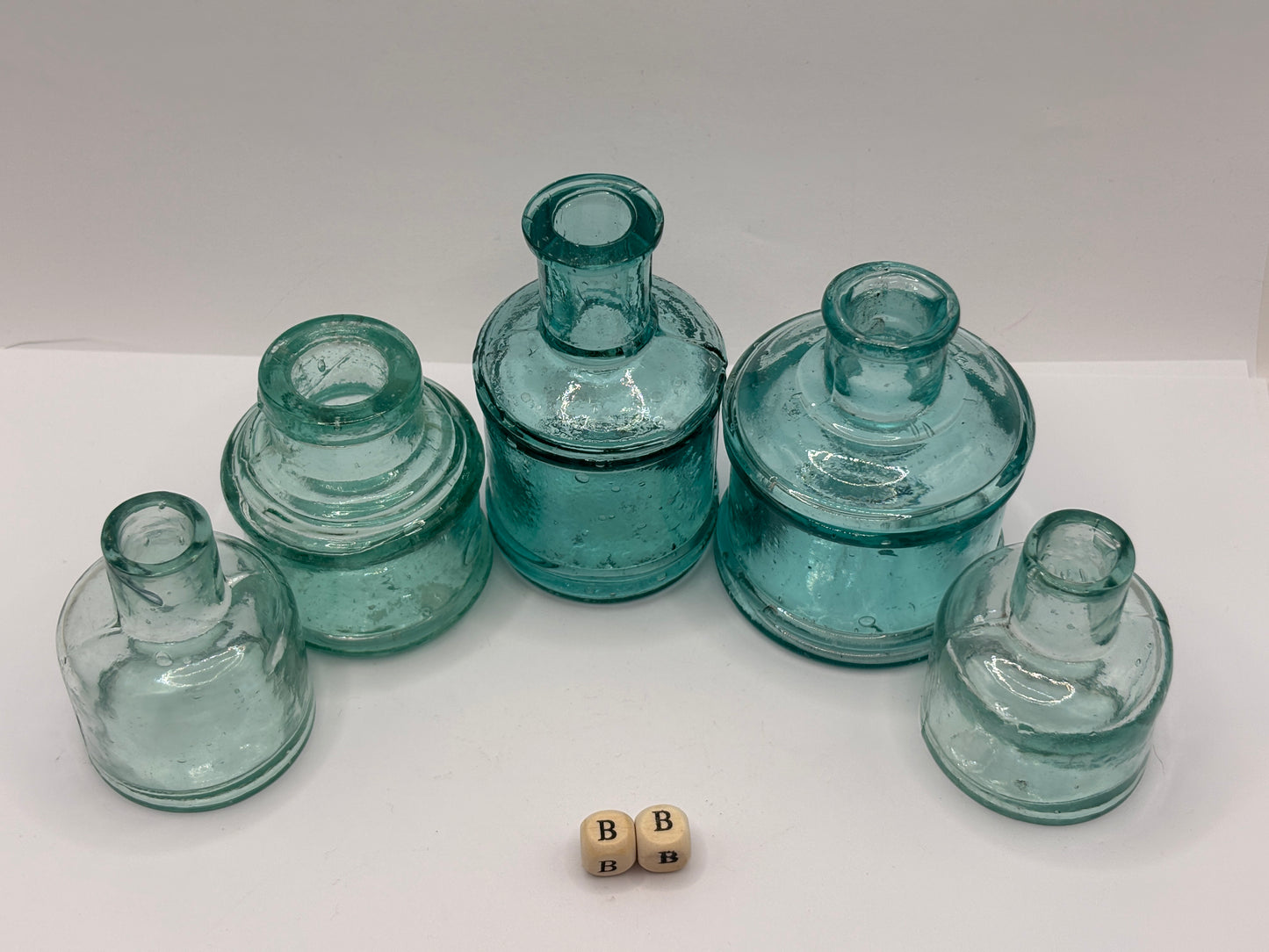 5 old aqua glass inks, inkwells, ink bottles (BB)