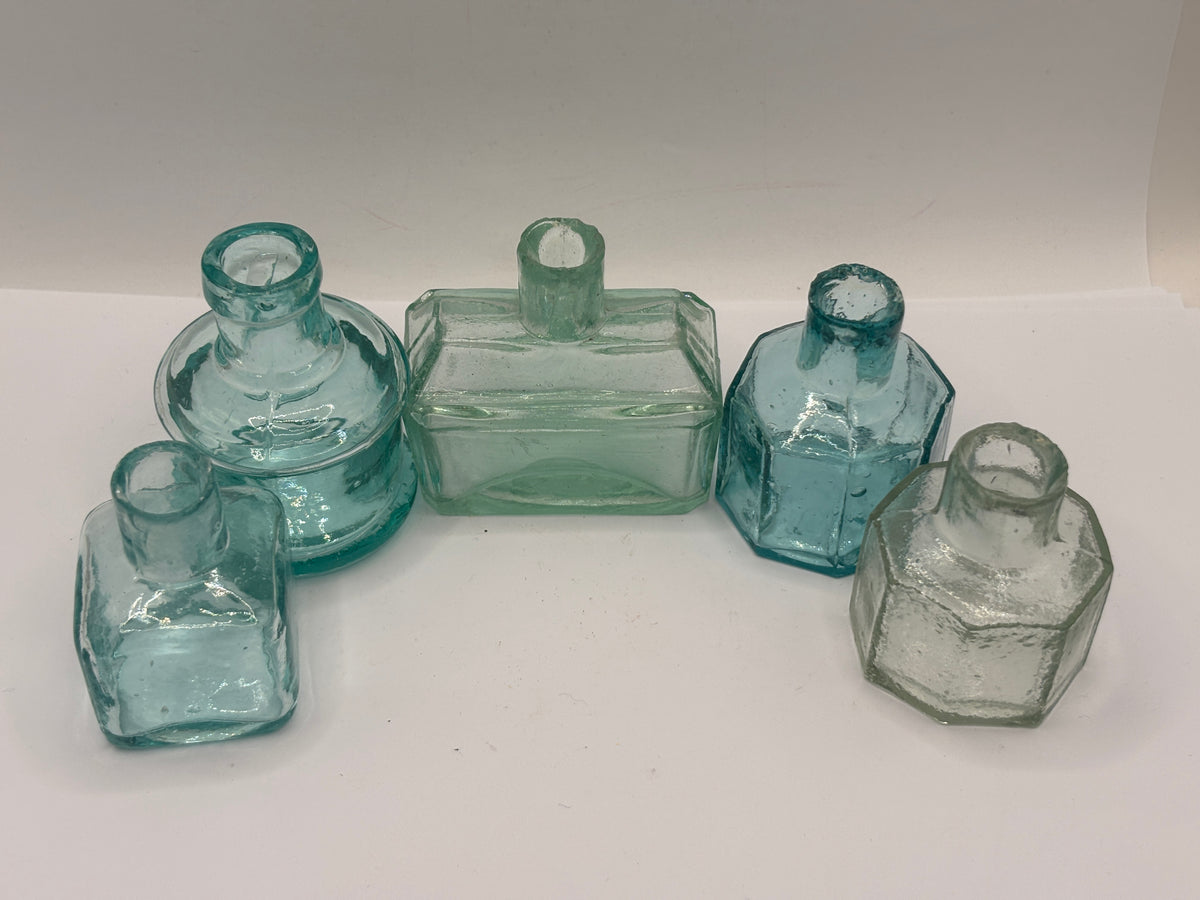 5 old aqua glass inks, inkwells, ink bottles, penny ink