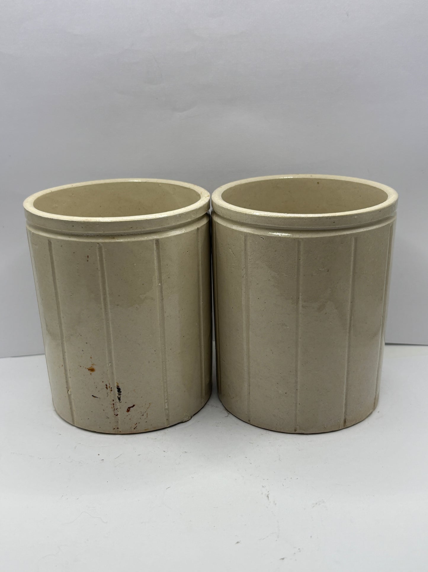 2 Old Ribbed stoneware jam pots, stamped Hartleys