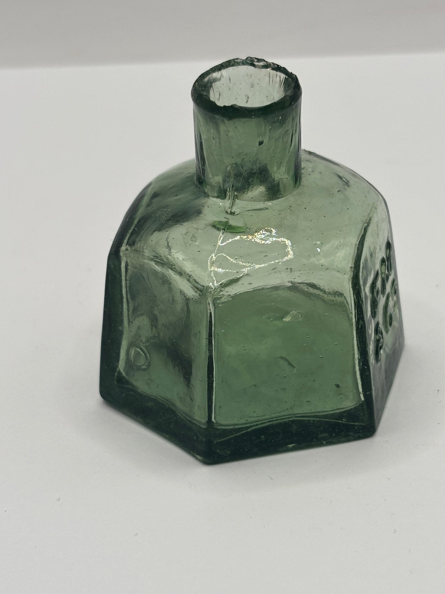 Old green glass advertising inkwell, penny ink, FM & Co