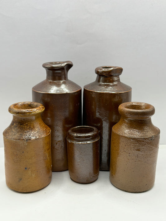 5 old brown stoneware pots