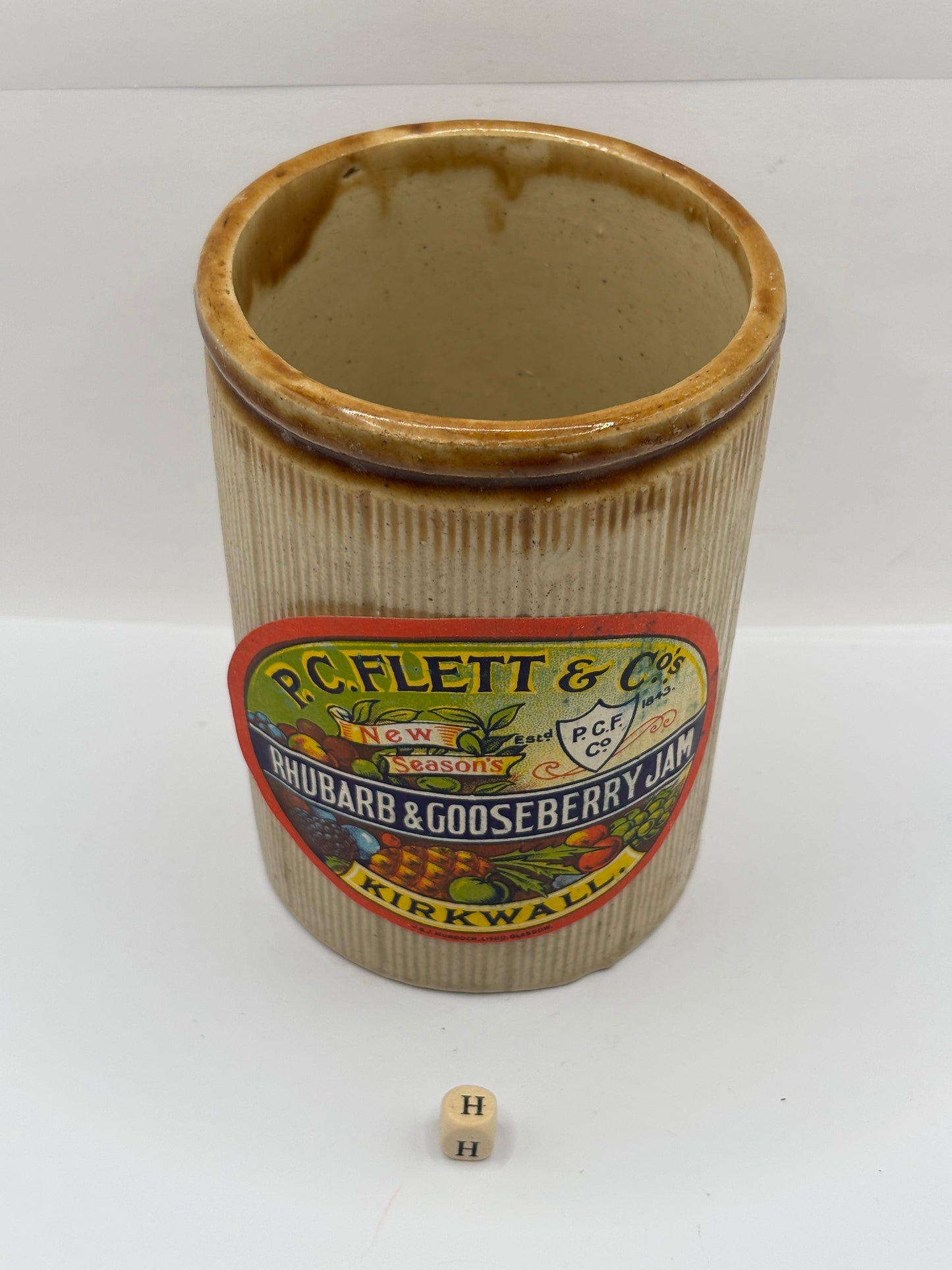 Old 2lb brown top stoneware jam pot with added label (H)