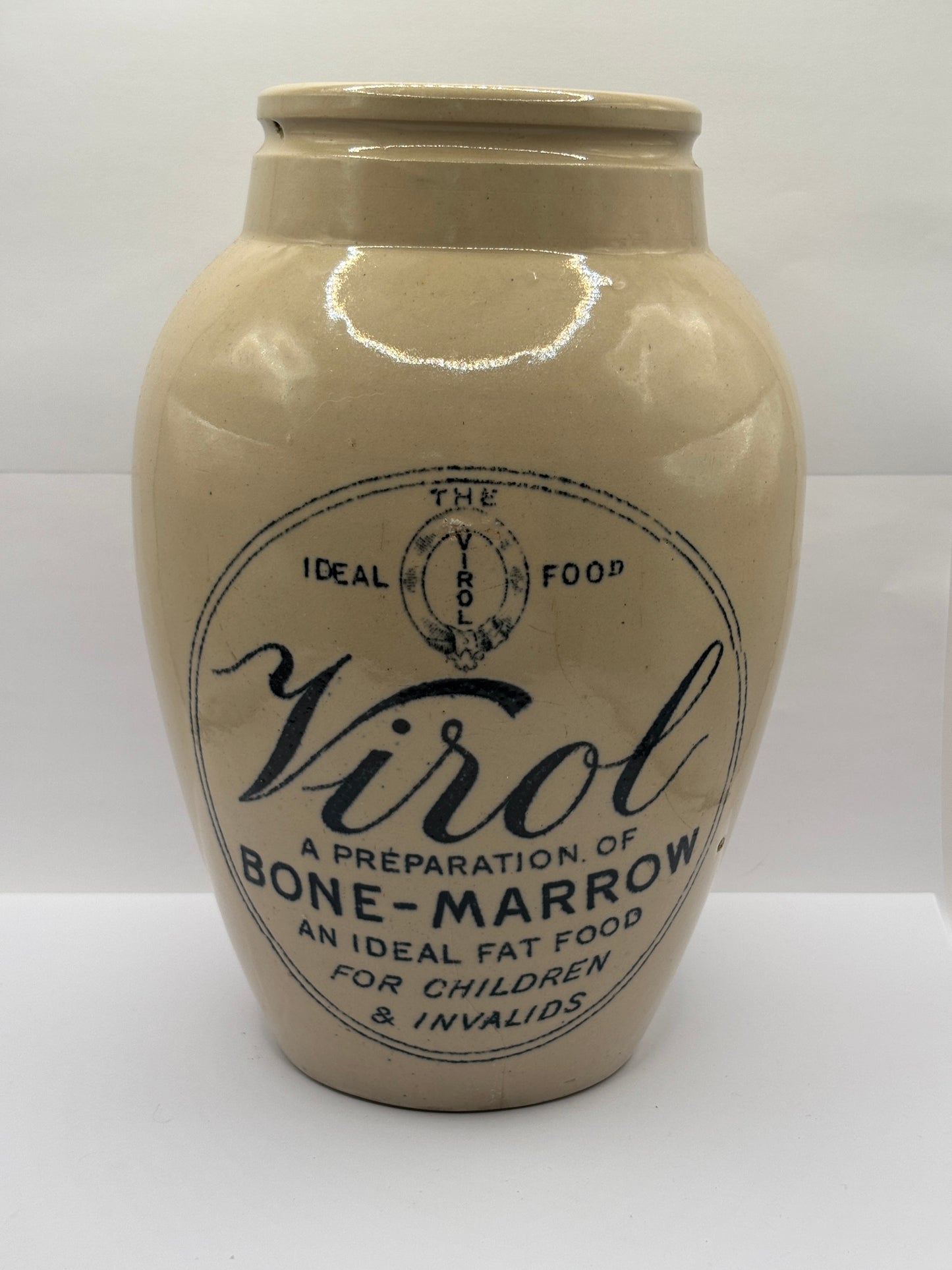 Old large 9 inch stoneware advertising Virol jar