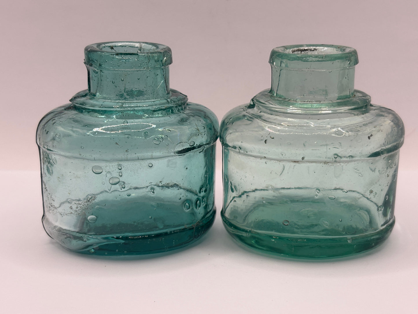 2 old aqua glass ink bottles, inkwells