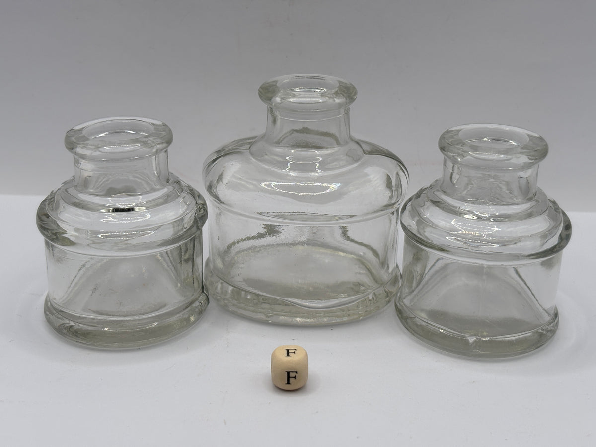 5 old clear glass inks, inkwells, ink bottles (f)