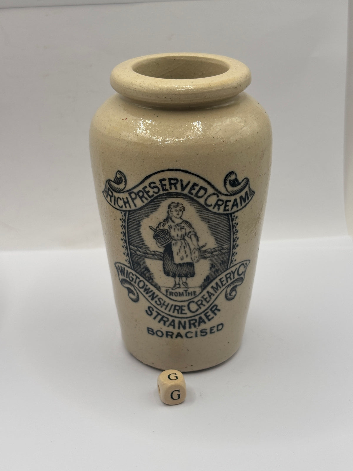 Old advertising cream pot, rich preserved cream stranraer, milkmaid (G)